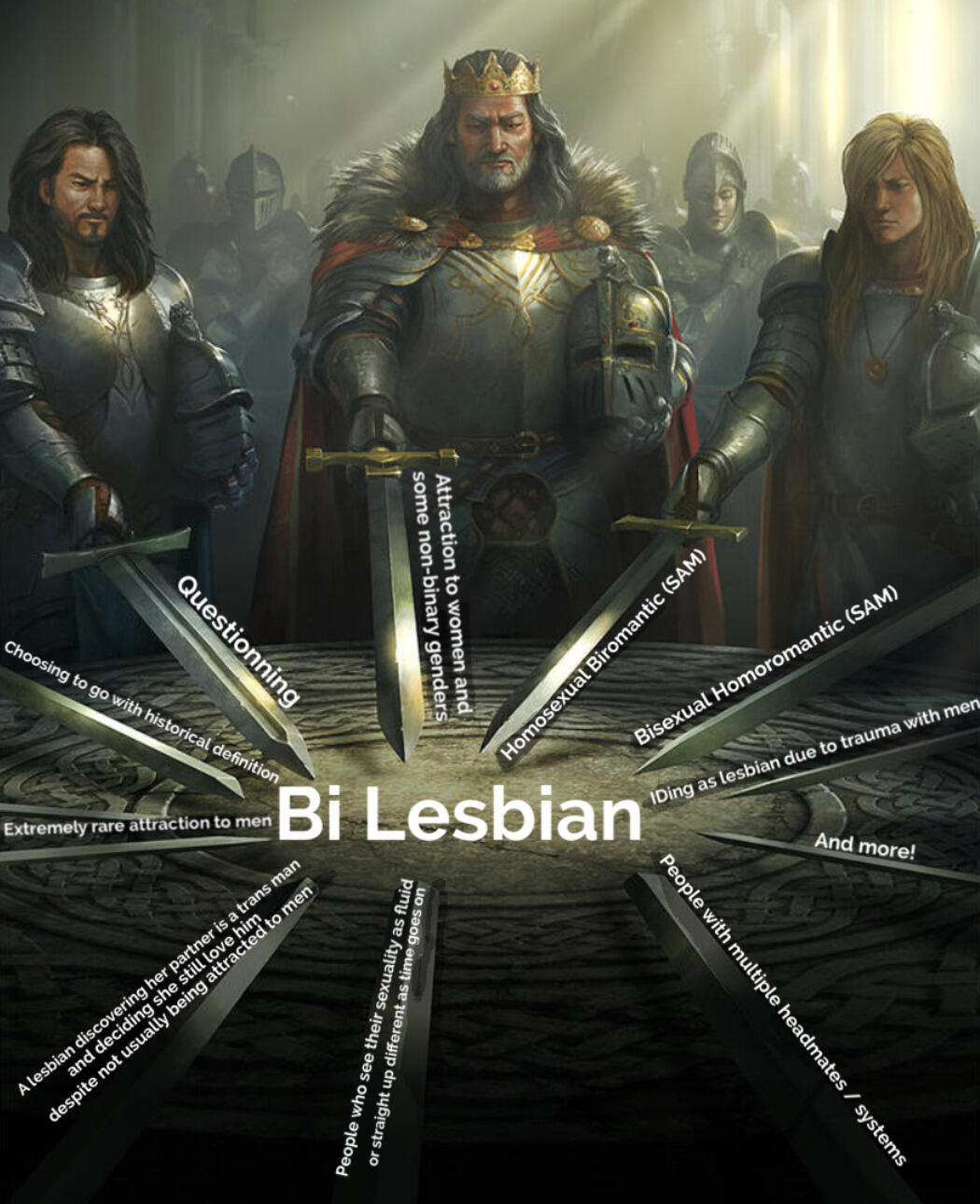 Men holding swords in a circle, and the swords are labeled with reasons to be a bi lesbian.